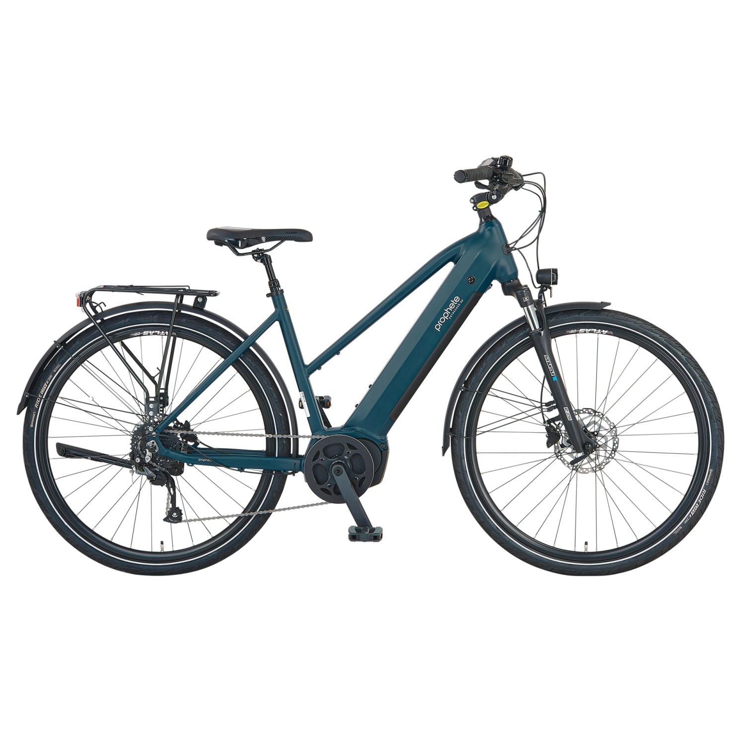 Perlnachtblaues Prophete Trekking E-Bike Entdecker 3.0 Damenrad mit Trapezrahmen und Mittelmotor.