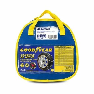 Goodyear Auto-Schneeketten T-200 im blauen Tragebeutel mit gelben Henkeln.