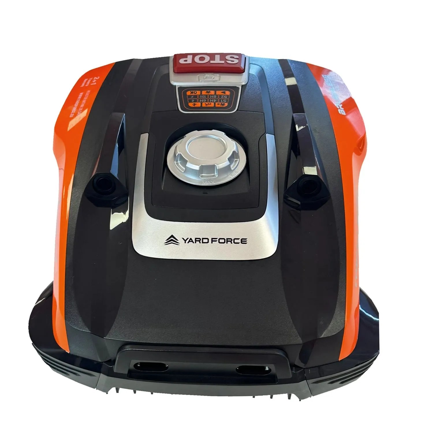 YARD FORCE Mähroboter Compact 300RBS, schwarz-orange, mit silbernem Bedienfeld und roter STOP-Taste.