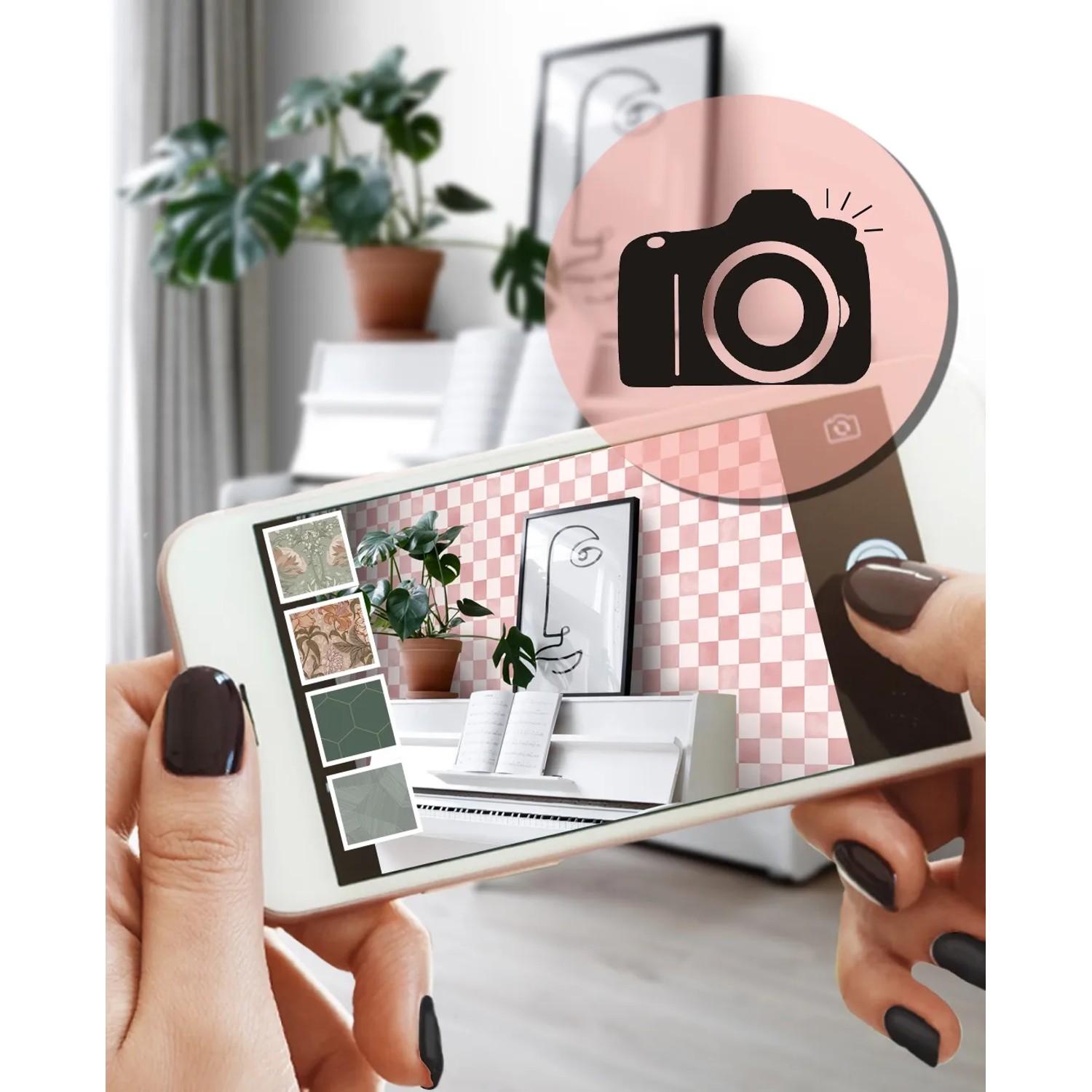 Hände halten Smartphone mit virtueller Vorschau der ESTAhome Tapete Karomuster Rosa und Weiß an einer Wand. Dekorative Vliestapete.