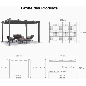 Graue Aluminium Pergola/Pavillon 300x400x245 cm mit Schiebedach und Maßzeichnungen.