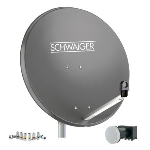 Schwaiger SAT Antennen-Set SPSE9648, anthrazit, 75 cm, mit LNB und farbigen F-Steckern für 4 Teilnehmer.