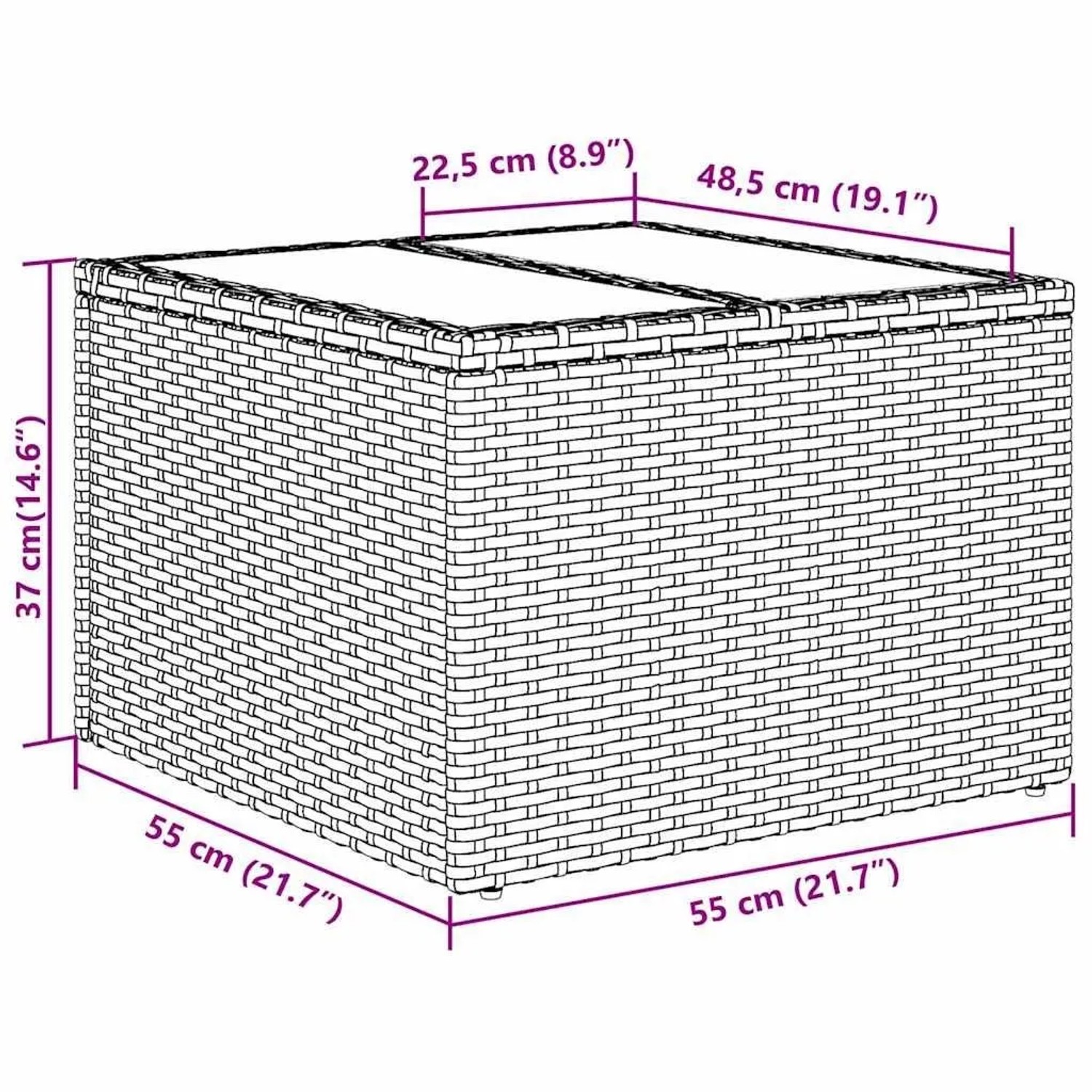 vidaXL Sofa Set: Detailansicht des Tisches/der Aufbewahrungsbox aus braunem Poly-Rattan mit Maßangaben.