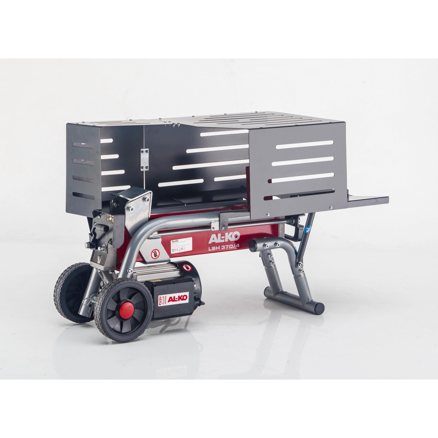 Al-Ko Elektroholzspalter LSH 370/4, liegend mit Schutzabdeckung und Rädern.
