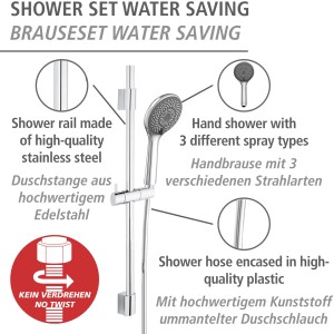 Wenko Brauseset Watersaving Chrom mit Duschstange, Handbrause und Schlauch.