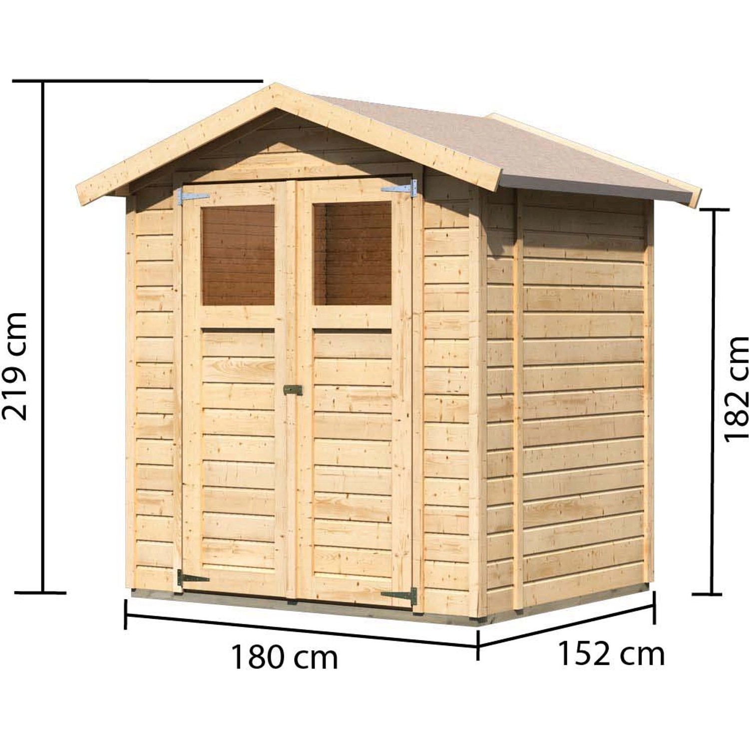 Karibu Holz-Gartenhaus Östersund, unbehandelt, mit Satteldach und Maßangaben.