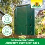 Grüner Neudorff Thermo-Komposter DuoTherm 530 l im Garten. Kompostbehälter mit Hinweisen zu Wirkung und Recycling.