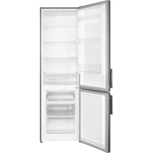 Geöffnete Wolkenstein Kühl-Gefrierkombination KGK180E Inox mit LED-Beleuchtung und Fächern.