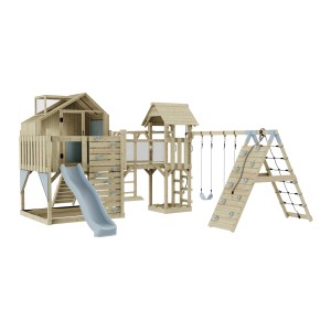 OutdoorToys Spielturm Milo mit Schaukel, Rutsche und Kletterwand. Holz natur, Akzente in Eisblau.