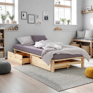 Homestyle4u Holzbett 100x200 mit Bettkästen, Kiefer Natur, im Jugendzimmer.