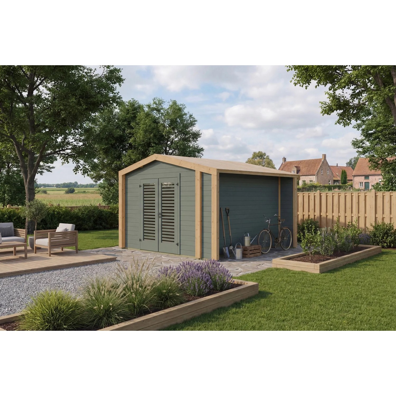 Weka Holz-Gartenhaus Killarney Satteldach Grau-Grün Lasiert 361 cm x 313 cm