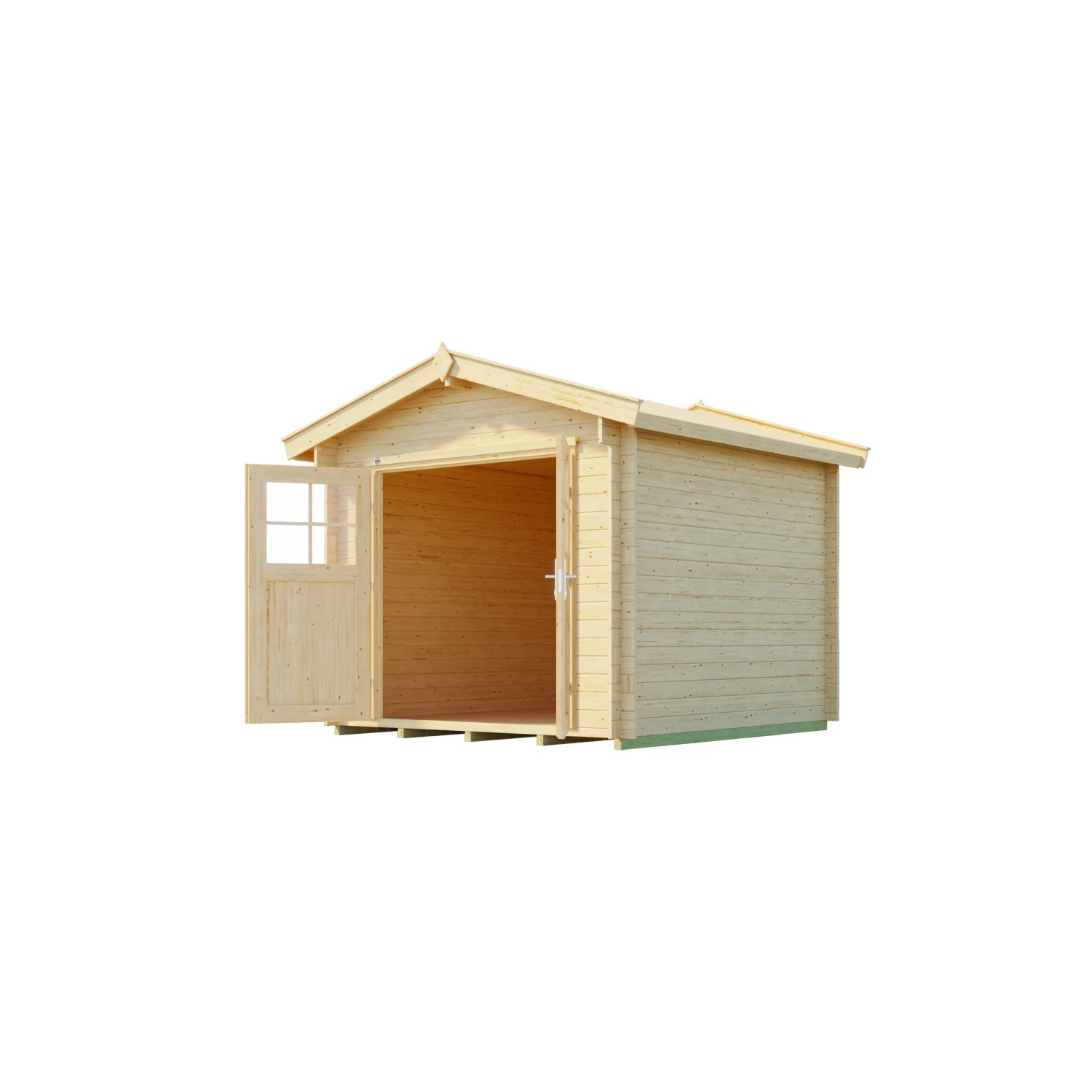 Unbehandeltes Weka Holz-Gartenhaus mit Satteldach und geöffneter Doppeltür.