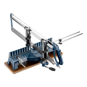 Wiltec Präzisions Gehrungssäge 600mm mit blauem Gestell, Stahlblatt und Holzsockel für exakte Holzzuschnitte.