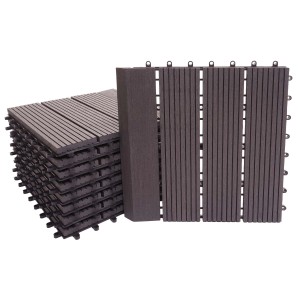 Anthrazitfarbene WPC Bodenfliesen mit Holzoptik und Abschlüssen für Balkon und Terrasse.