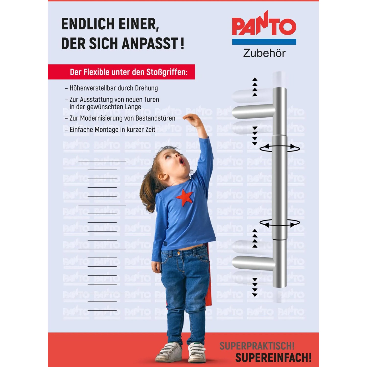 Stoßgriff-Set für Haustüren, Edelstahl, variabel verstellbar von 400-600 mm. Türbeschläge.