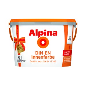 Weißer 10L Eimer Alpina DIN-EN Innenfarbe mit orangefarbenem Deckel. Hochwertige, waschbeständige Wandfarbe.