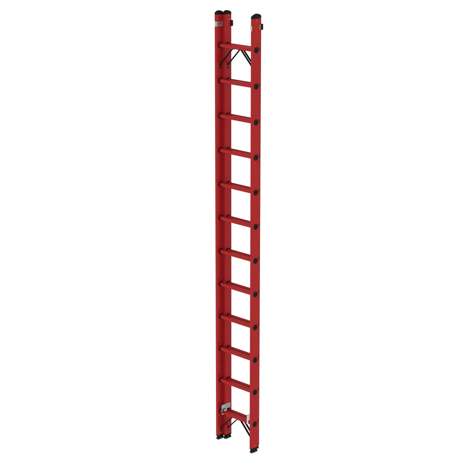 Zweiteilige PROREGAL Sprossen-Schiebeleiter aus GFK mit 2x12 Sprossen, rot.
