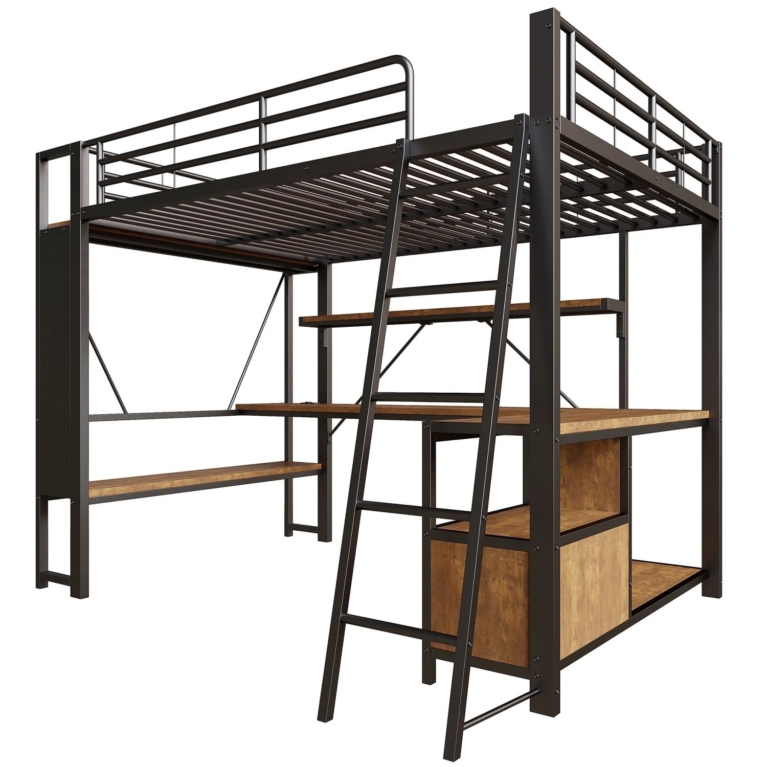 okwish Metall Hochbett 140x200cm mit LED und Lochwand Schwarz ohne Matratze