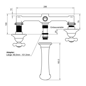 Technische Zeichnung: PaulGurkes 3-Loch Waschtischarmatur Unterputz, Maße und Details.