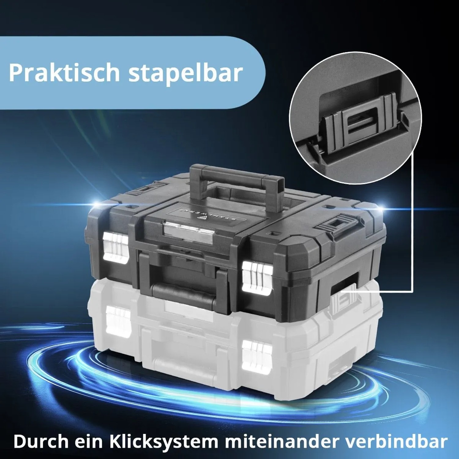 STAHLWERK Akku-Schlagschrauber Set mit stapelbaren Werkzeugboxen, verbunden durch Klicksystem.