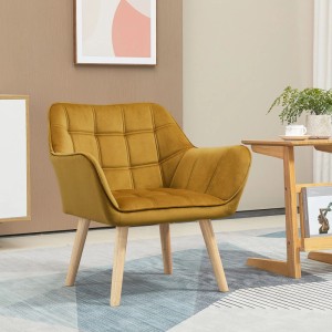 Gelber Loungesessel im Skandi-Design mit gesteppter Rückenlehne und Holzbeinen. Ideal für Wohnzimmer oder Leseecke.