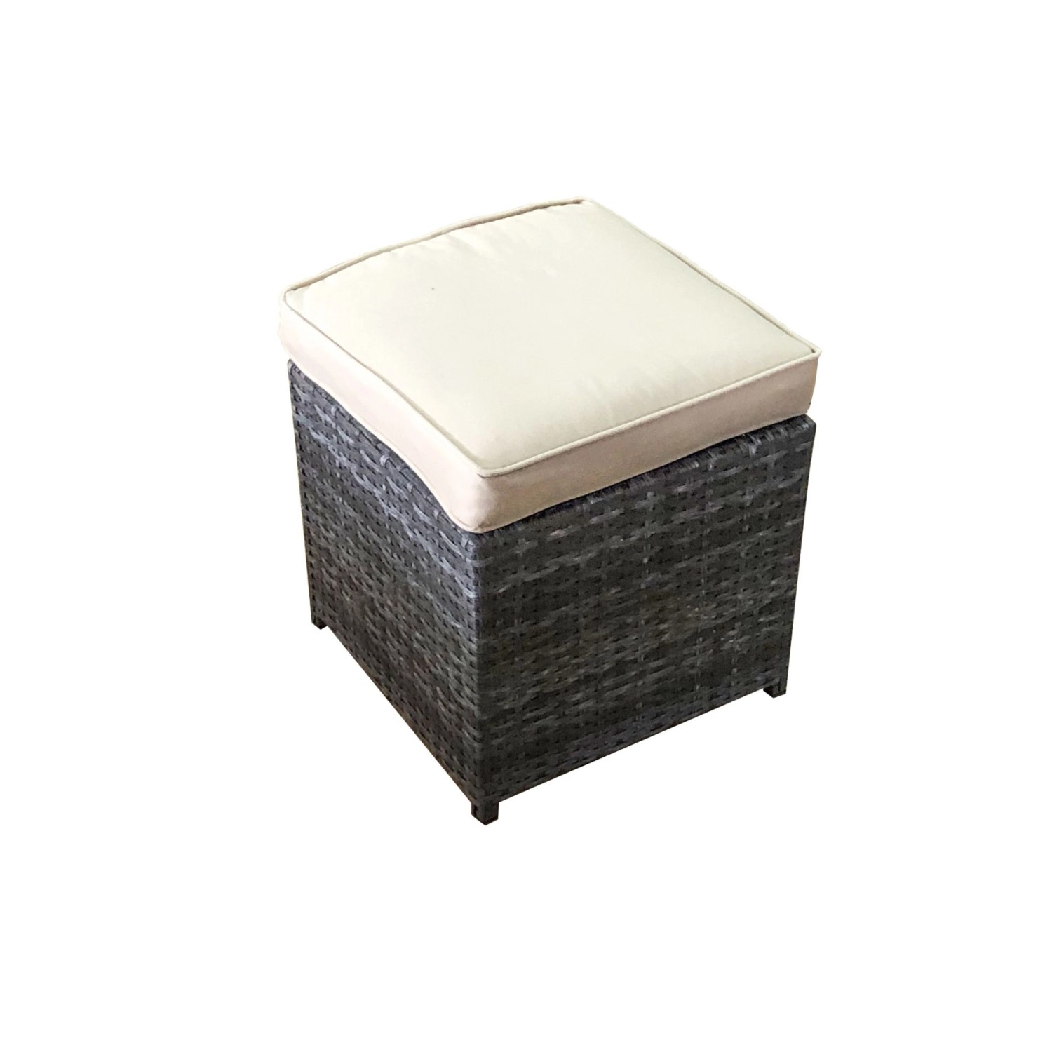 Hocker des grauen Rattan Gartenmöbel Lounge-Sets Havanna mit beigem Kissen.