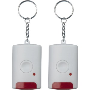 Zwei weiße Alarmsysteme mit Bewegungsmelder und Schlüsselanhänger für Haus und Büro.