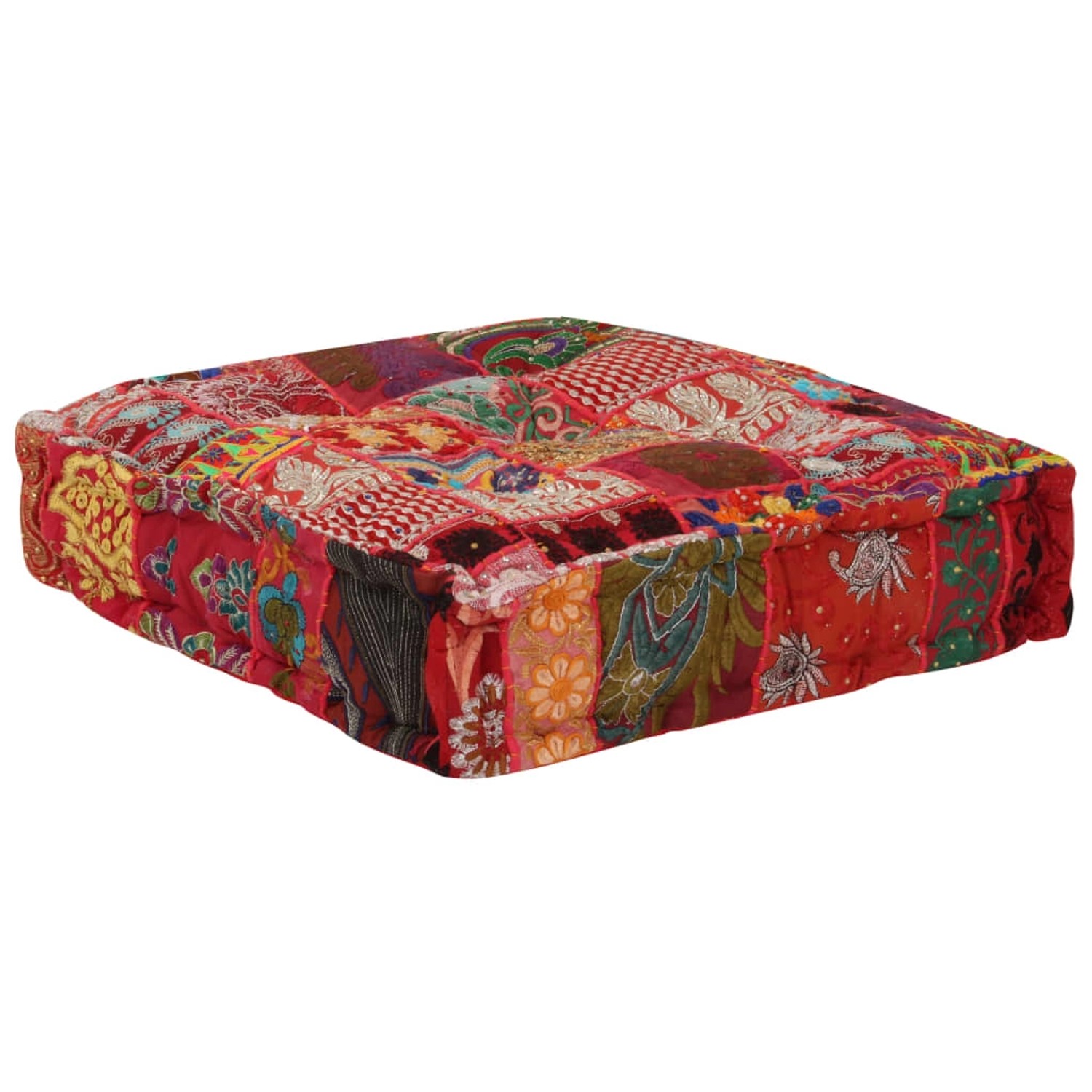 vidaXL Pouf Flickwerk Quadrat Baumwolle Handgefertigt 50×50×12 cm Rot