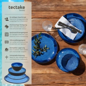 Tectake Tafelservice Mare, 24-teiliges blaues Steingut Geschirrset für 6 Personen, maritimes Design auf Holztisch.