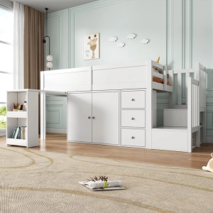 Merax Kinderhochbett 90x200 mit Schreibtisch Schrank Schublade Treppe Weiß