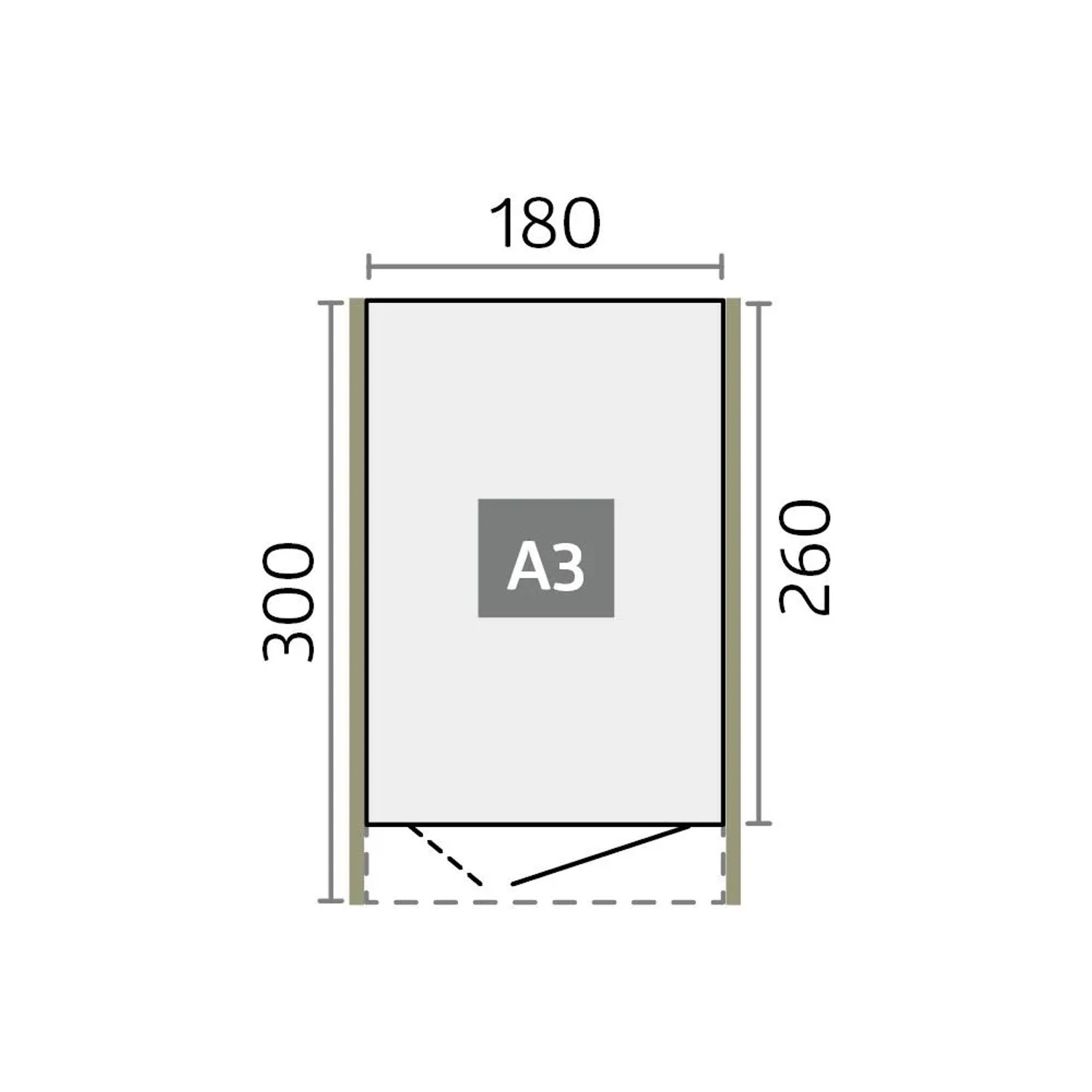 Maßzeichnung Biohort Metall-Gerätehaus AvantGarde A3. Abmessungen 180, 300, 260. Ideal für Gerätehäuser.
