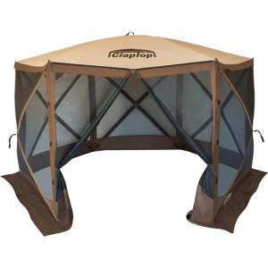 Faltpavillon ClapTop 600, 366x366 cm, beige/braun, mit Moskitonetz. Ideal für Camping und Festivals.