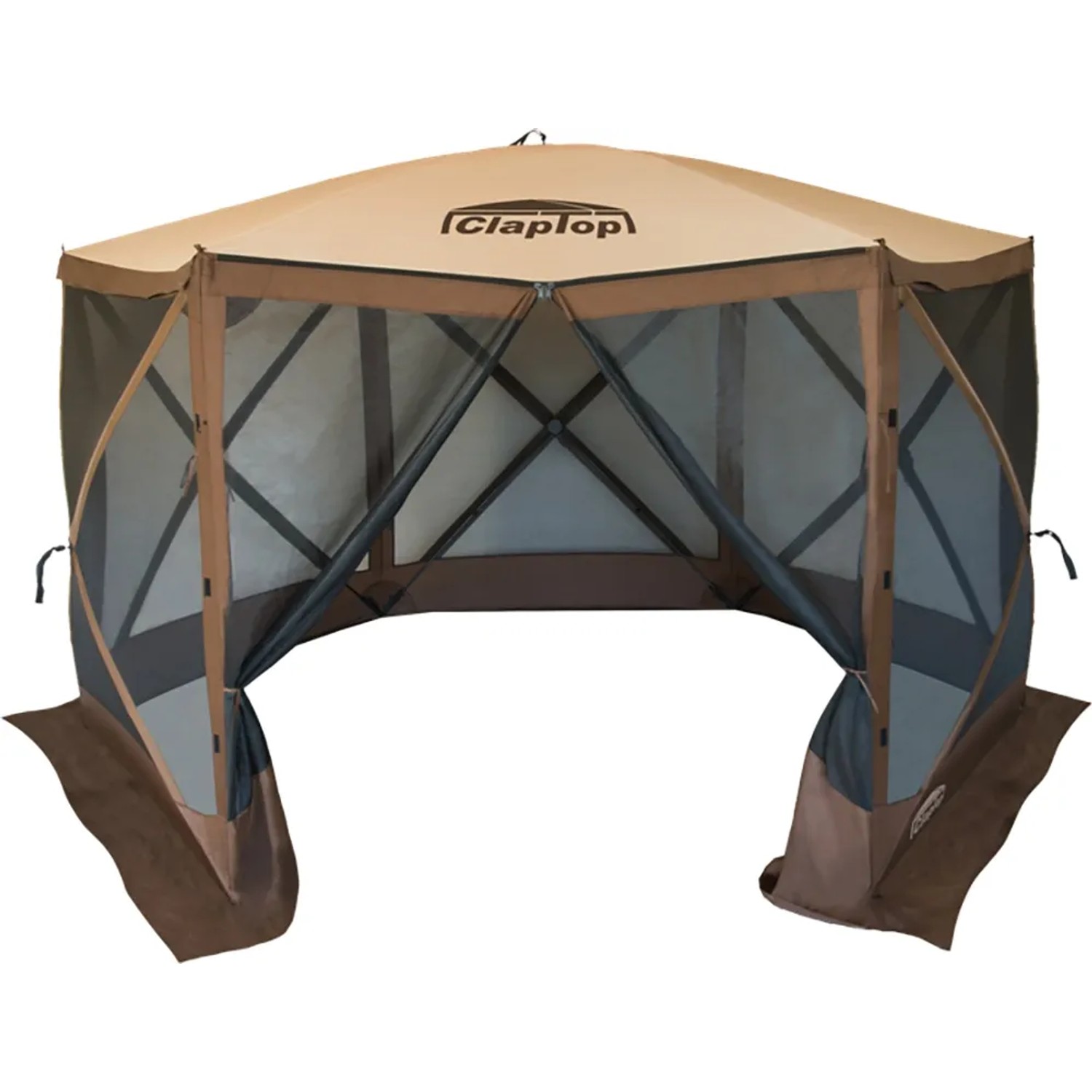 Faltpavillon ClapTop 600, 366x366 cm, beige/braun, mit Moskitonetz. Ideal für Camping und Festivals.