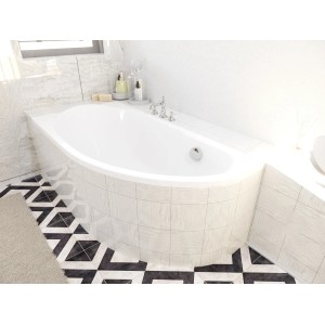 Weiße Eckbadewanne MIKI 140x70 links mit verfliester Styroporverkleidung und Armatur im modernen Bad.