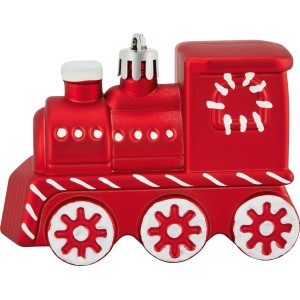 Baumschmuck-Set: Rote Lokomotive, 3-teilig, aus Kunststoff für die Weihnachtsbaum-Deko.
