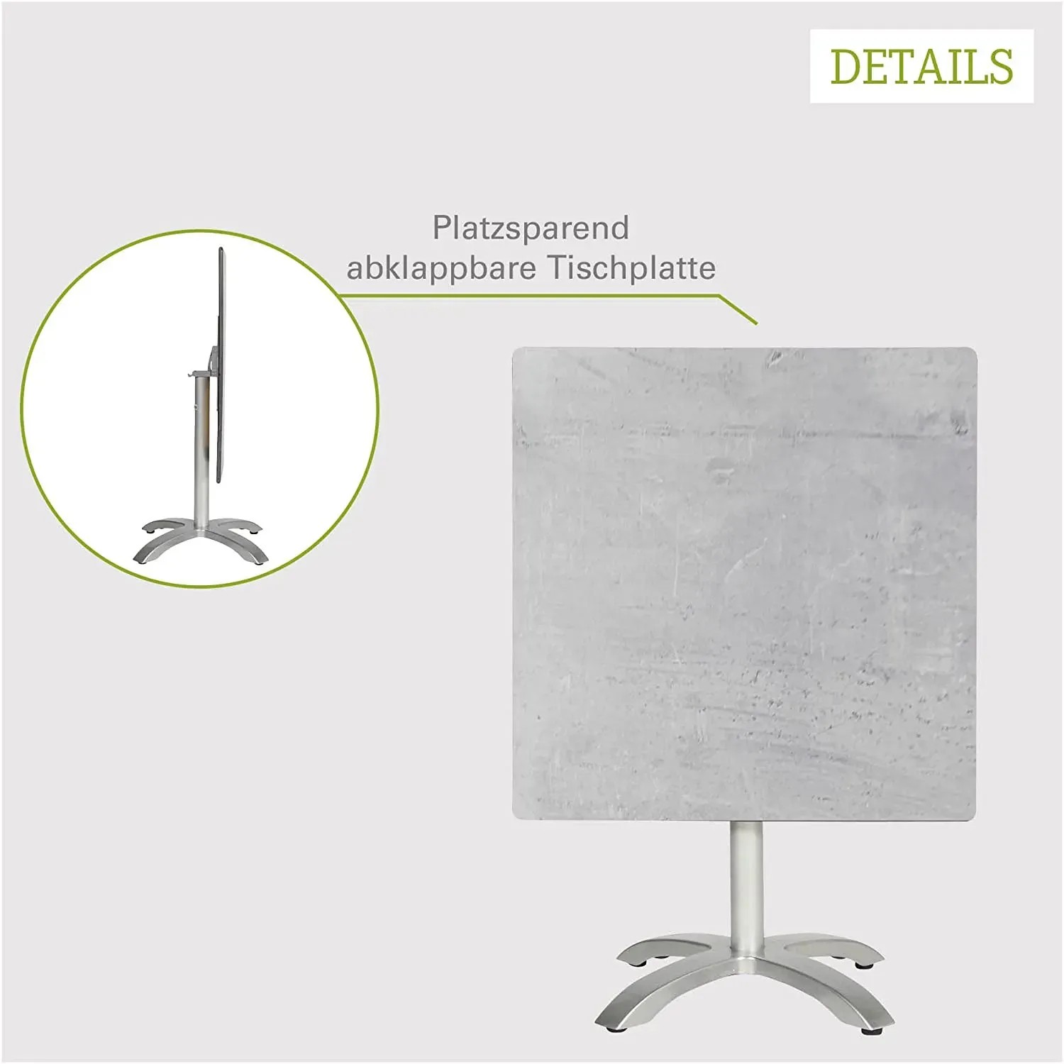 Quadratischer Acamp Klapptisch in Platin-Cemento, 80x80 cm, ideal für Garten und Balkon.