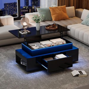 Merax Couchtisch Höhenverstellbar mit Stauraum Schublade LED Hochglanz Schwarz