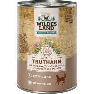 Wildes Land Hunde-Nassfutter Truthahn, 400g Dose. Nassfutter mit Süßkartoffel, Cranberries und Distelöl.