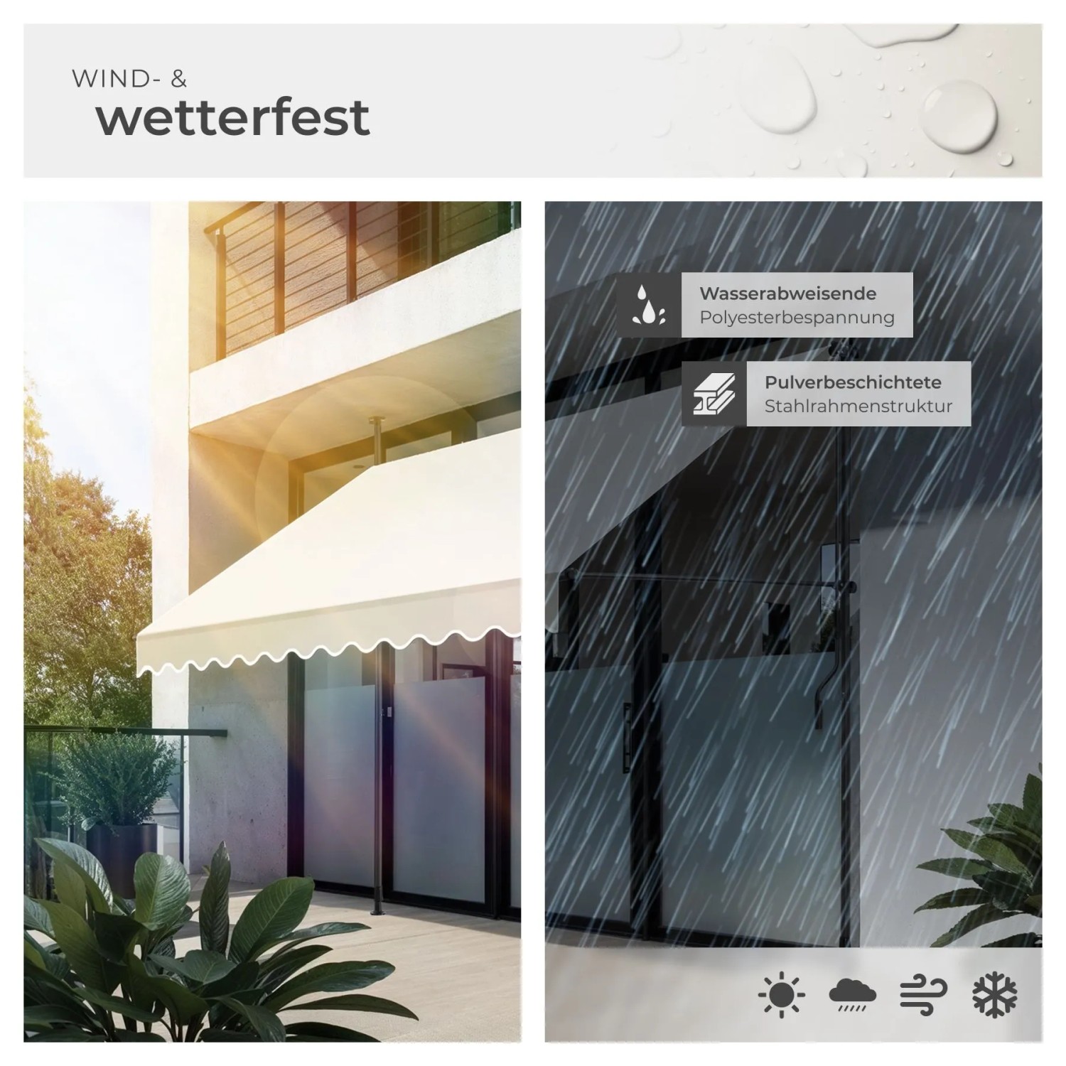 Beige Tectake Klemmmarkise auf Balkon/Terrasse, wetterfest, wasserabweisend. Schützt vor Sonne und Regen, mit Handkurbel.