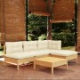 5-tlg. Garten Lounge Set aus Kiefernholz mit creme Kissen. Gartenmöbel für Terrasse und Garten.