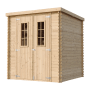 Timbela Holz-Gartenhaus M309C, beige-braun, mit Doppeltür und Fenster.