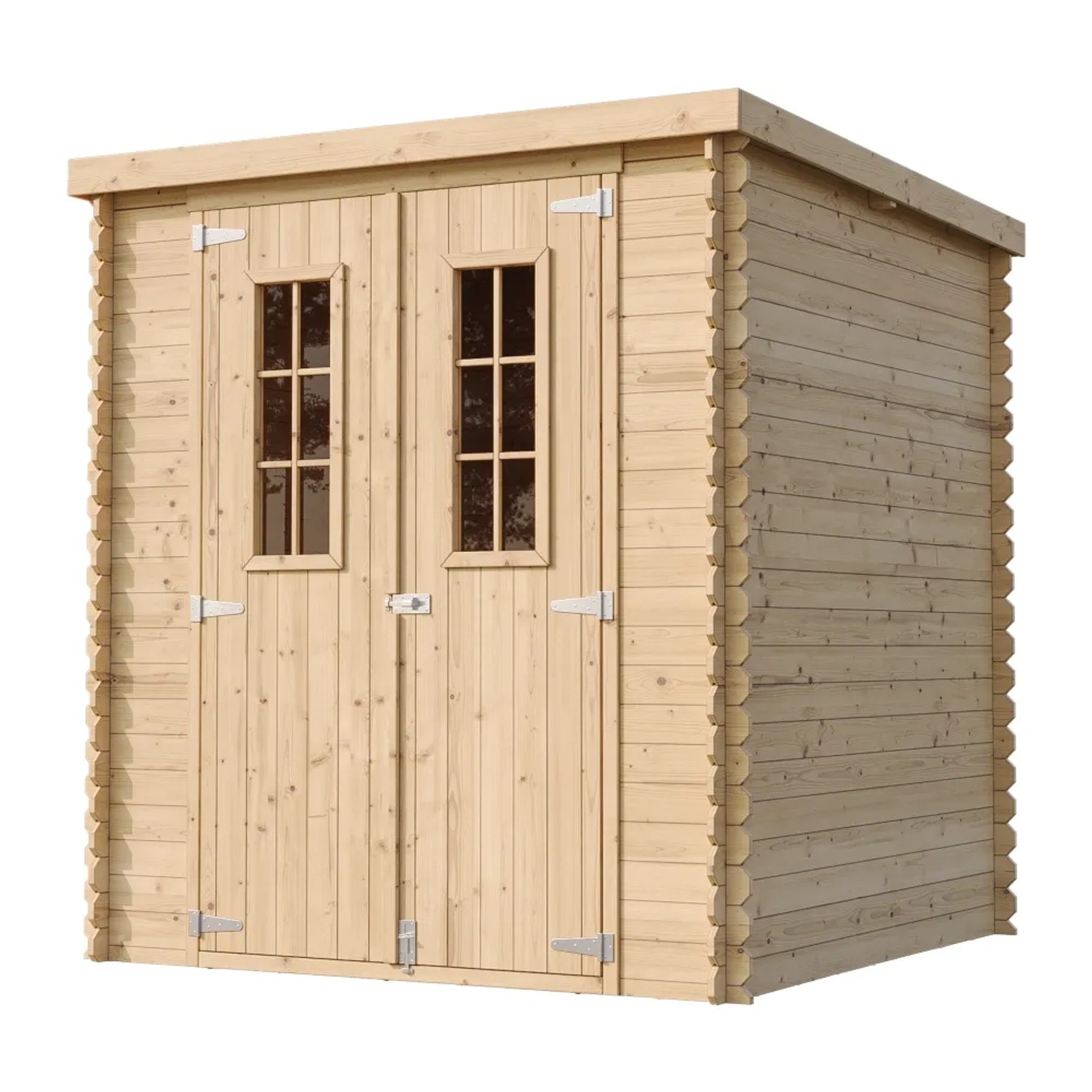 Timbela Holz-Gartenhaus M309C, beige-braun, mit Doppeltür und Fenster.