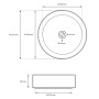 Technische Zeichnung: ECD Germany Waschbecken, rund, Ø 355mm, mit Ablaufgarnitur, ohne Überlauf. Abmessungen und Details.