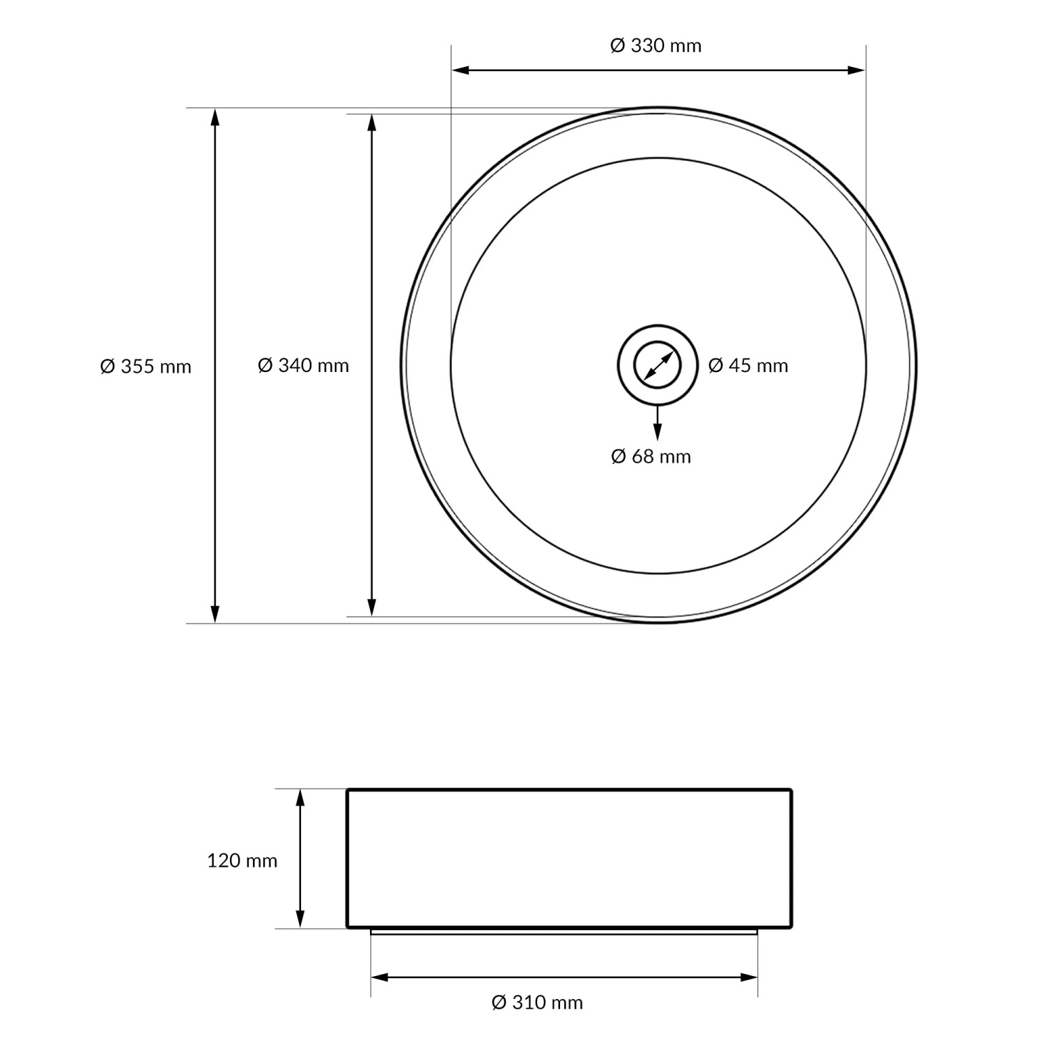 Technische Zeichnung: ECD Germany Waschbecken, rund, Ø 355mm, mit Ablaufgarnitur, ohne Überlauf. Abmessungen und Details.