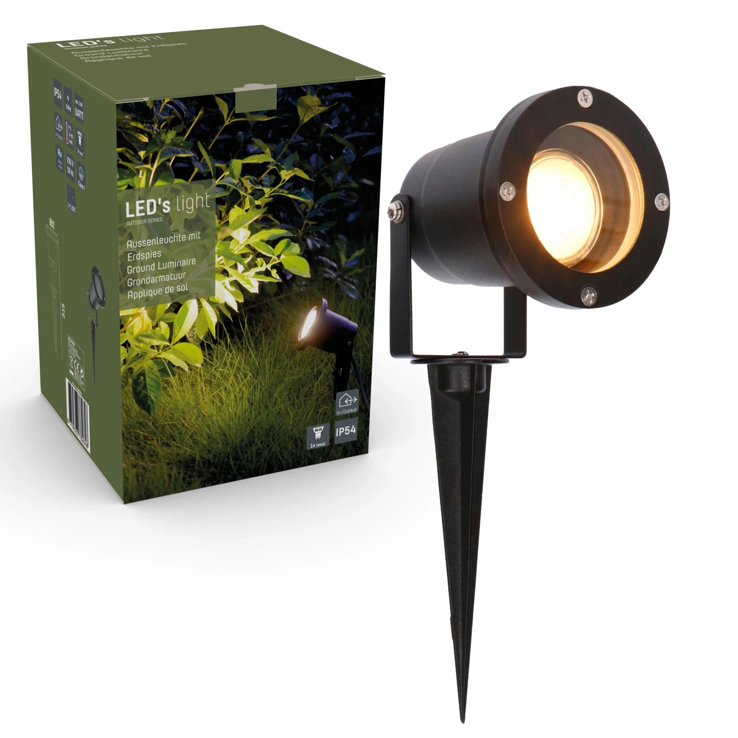 Schwarze LED's Work Außenleuchte mit Erdspieß und GU10 Fassung. Gartenstrahler für den Außenbereich.
