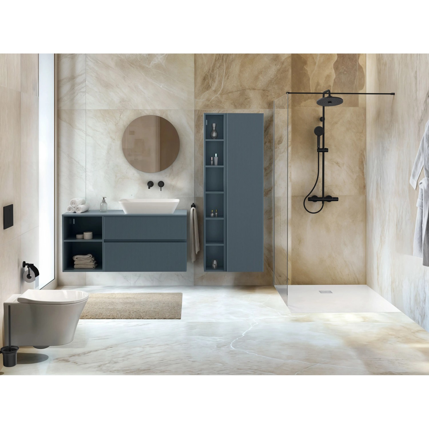 Ideal Standard Ceratherm T25+ Duschsystem in Schwarz Matt mit Regendusche und Handbrause.