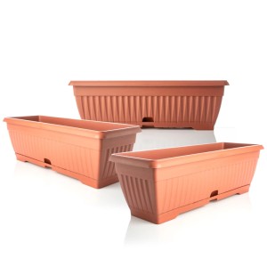BigDean 3x Blumenkasten Balkon mit Untersetzer Terracotta 50 cm Balkonkasten Pflanzkasten Blumenkasten mit Wasserspeicher für Innen und Außenbereich