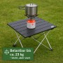 BigDean Campingtisch faltbar, schwarz, auf Gras mit Kocher und Topf. Ultraleichter Klapptisch für Outdoor.