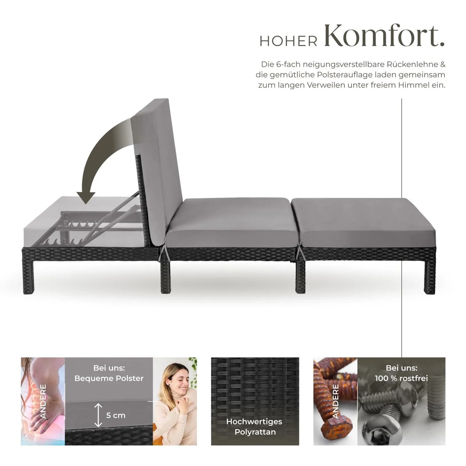 Tectake Rattan Sonnenliege Sofia Widerstandsfähig Uv Beständig  196 x 66 x 27 cm Schwarz_3