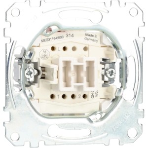 Merten Aus-/Wechselschalter Einsatz, Detailansicht der Rückseite mit Anschlüssen.